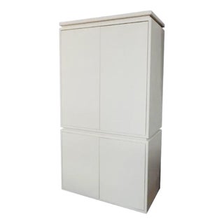 Late 20th Century Contemporary White Painted Raffia-Clad Storage Cabinet Armoire With Adjustable Shelving & Hidden Drawers For Sale