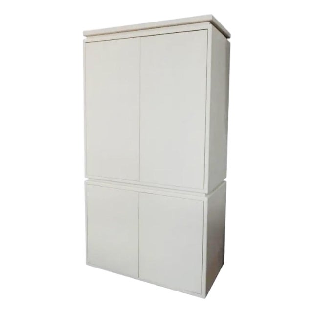 Late 20th Century Contemporary White Painted Raffia-Clad Storage Cabinet Armoire With Adjustable Shelving & Hidden Drawers For Sale