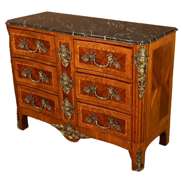 Antique French Louis XV Ormolu Inlaid Kingwood Marble Commode Chest For Sale - Image 9 of 16