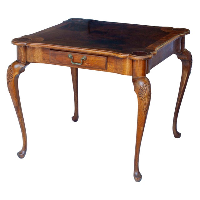 Vintage French Style Wooden Game Table with 2 Drawers with metal Hardware. Two tone wood.