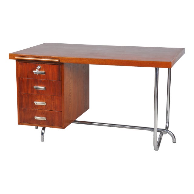 Bauhaus Writing Desk in Oak and Chrome attributed to Hynek Gottwald, Czechia, 1930s For Sale