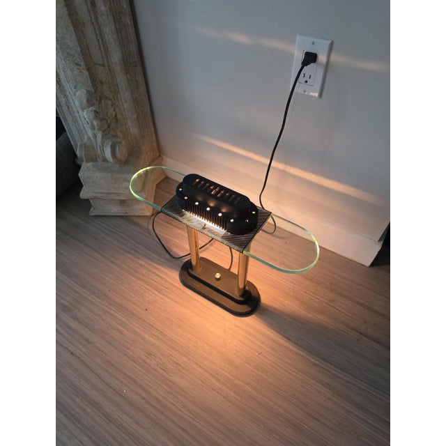 Black Vintage Robert Sonneman Desk Lamp Dimmable Postmodern Table Lamp Glass Shelf Brass Columns 1980s Memphis Style Lighting For Sale - Image 8 of 14