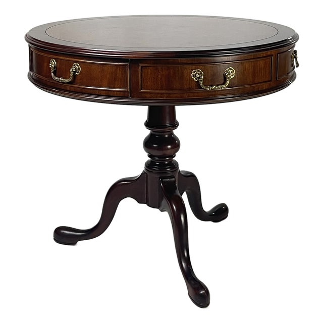 Late 20th Century Century Furniture Traditional Burl Wood and Mahogany Pedestal Drum Table For Sale