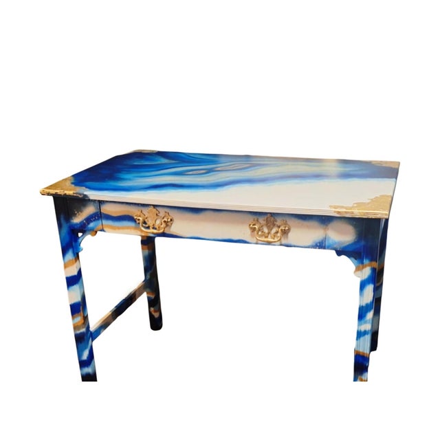 1960s 1960s Writing Desk | Hand Painted Blue Geode Inspired Desk With Gold Accents | One-of-a-Kind Statement Furniture For Sale - Image 5 of 9