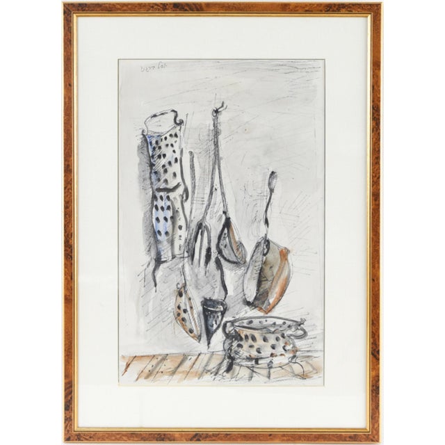 Modern Yosl Bergner, Israeli Yosl Bergner Modernist Watercolor Painting Drawing Pots, Pans For Sale - Image 3 of 10