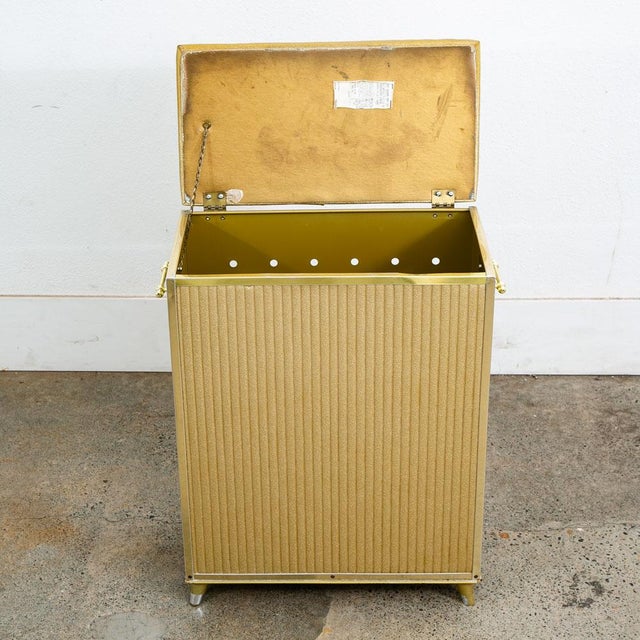 Metal Mid Century Modern Laundry Basket Metal Caddy Gold Vintage MCM Lift Top Bright For Sale - Image 7 of 10