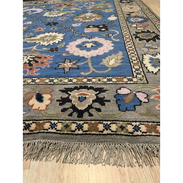 Contemporary Blue Oushak Style Floral Hand-Knotted Wool Rug 8x10 For Sale - Image 3 of 4