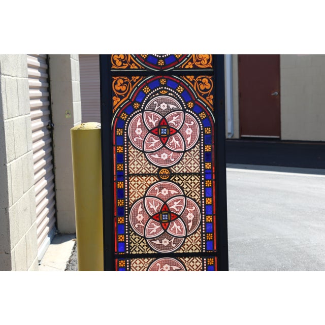 Victorian Antique Victorian Gothic Hand-Painted Stained Glass Windows in Wood Frames, Circa 1900 – Pair For Sale - Image 3 of 18
