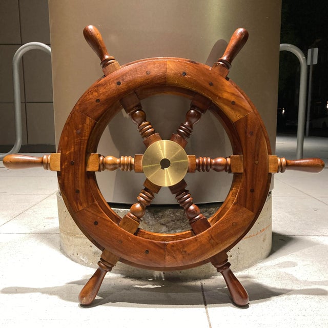 Scandinavian Solid Teak Yacht Wheel With Heavy Brass Hub For Sale - Image 12 of 13