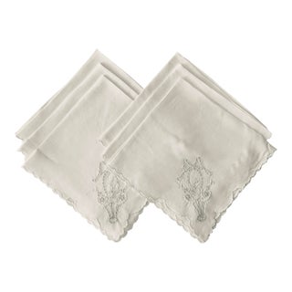 1920s Antique Embroidered Fine Linen Dinner Napkins, Set/6, 17” Square For Sale