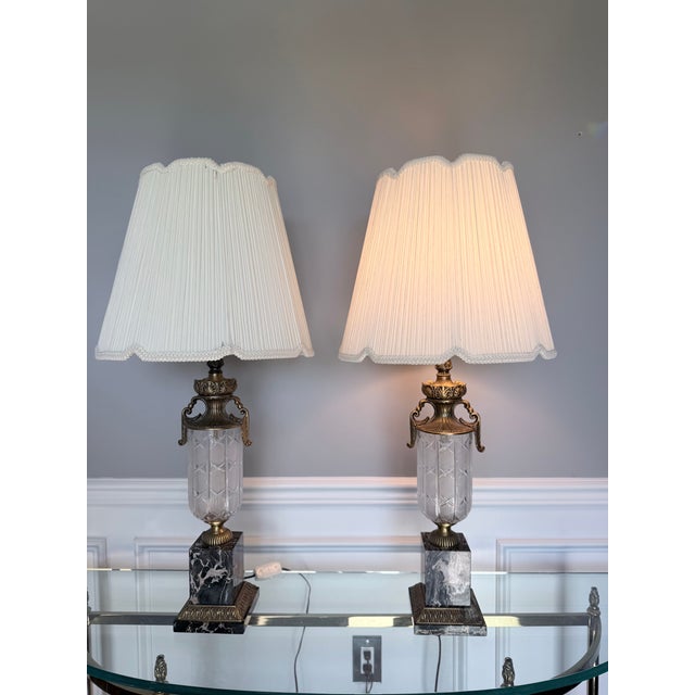 Glass Vintage Crystal and Brass Table Lamps With Marble Bases and Pleated Shades - a Pair For Sale - Image 7 of 15
