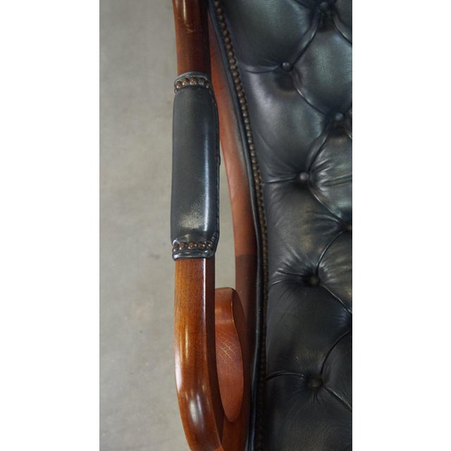 Wood Dark Blue Chesterfield Armchair in Leather and Combined with Wood For Sale - Image 7 of 14