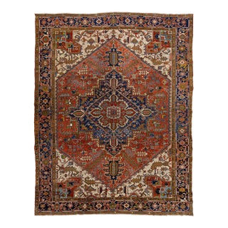 20th Century Rust Antique Heriz Wool Rug Handmade With Medallion Motif For Sale