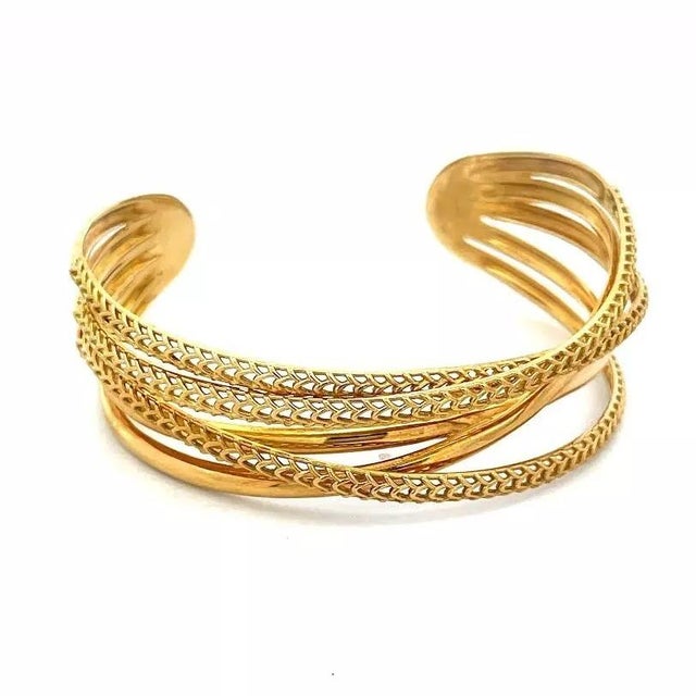 Crossover Gold Cuff Bracelet 5 Row 18k Yellow Open Style Spiga Link For Sale - Image 4 of 7
