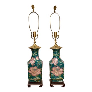 Green Tobacco Leaf Style Lamps - a Pair For Sale