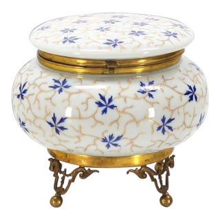 Vintage Mid Century Enameled Painted Floral Pattern Art Glass Round Dresser Box For Sale