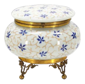 Vintage Mid Century Enameled Painted Floral Pattern Art Glass Round Dresser Box