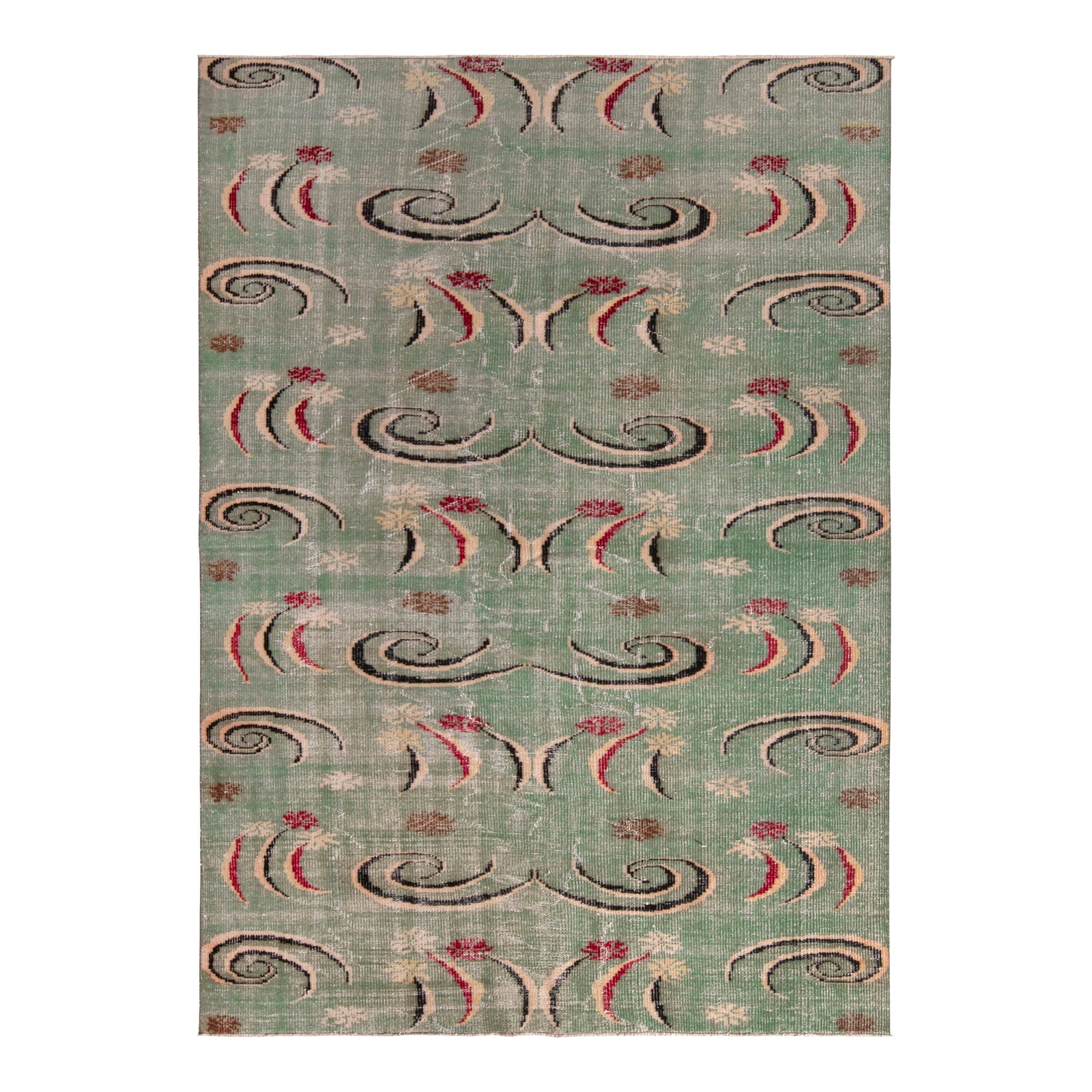 1960s Vintage Art Deco Rug, Distressed Green Geometric Pattern by Rug ...