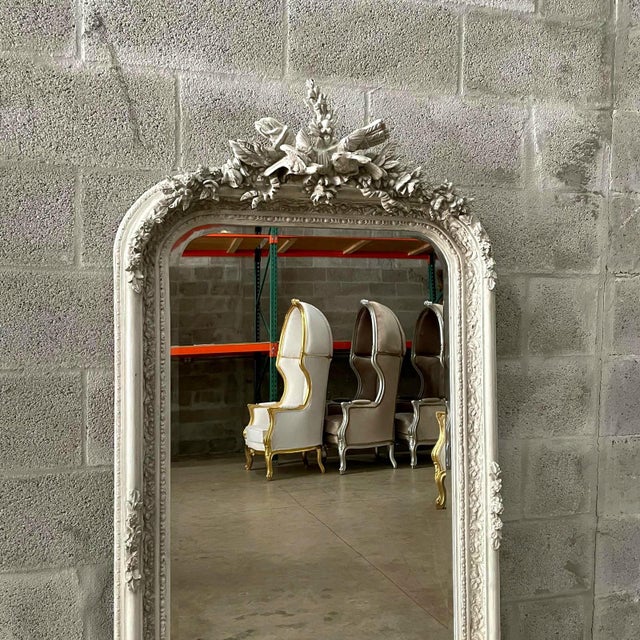 Glass French Style Floor Mirror – 5 Ft Tall Statement Mirror in Light Bone Gray Finish For Sale - Image 7 of 7