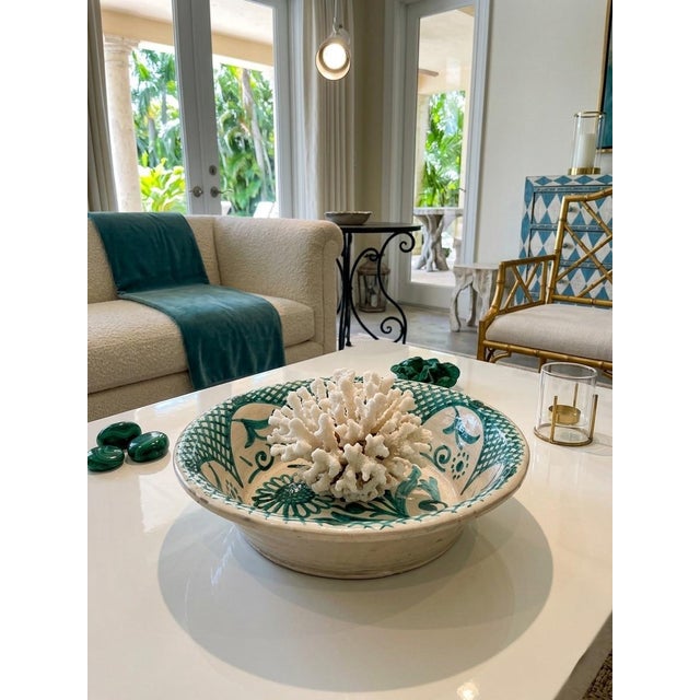 Vintage Moroccan Hand-Painted Green & White Ceramic Lebrillo Bowl For Sale In West Palm - Image 6 of 12