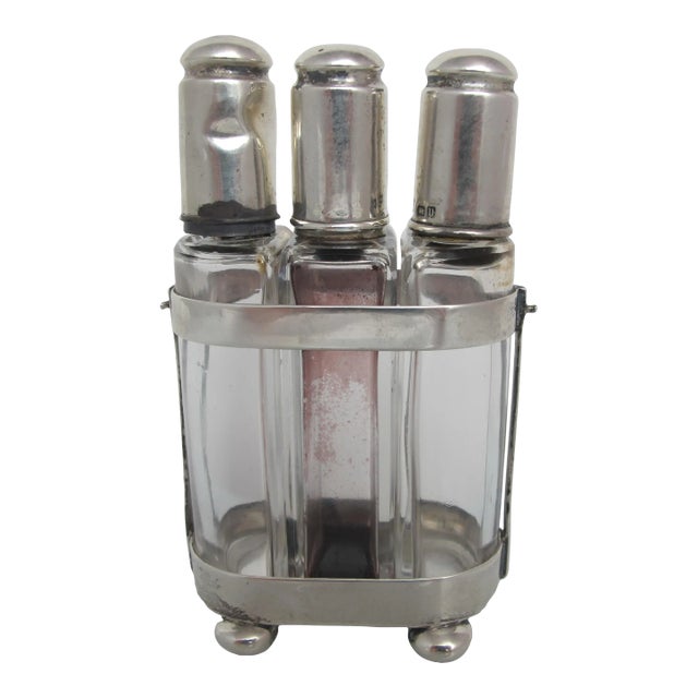 Antique 1919 Charles S Green Sterling Silver Glass Scent Bottle Caddy Set For Sale