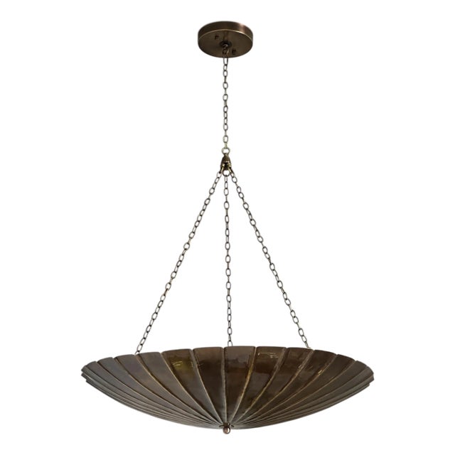 Large Brass Chandelier Pendant Light – Scalloped Bowl Hanging Fixture – Vintage Inspired Chain Light For Sale