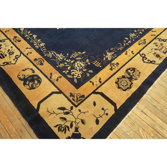 1920s Blue Navy Vase Floral Antique Chinese Peking Carpet 9'2" X 11'6" Rug For Sale - Image 4 of 10