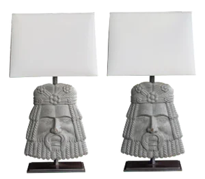 Well-Carved Italian Romanesque Style Gray Painted Wooden Masks Now Lamps - a Pair