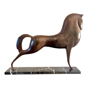 Vintage Modernist Bronze Horse Sculpture Cheval French Art Deco Etruscan Marble Base