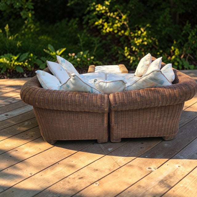 1980s Vintage 1980s Postmodern Heavy Rattan Demi-Lune Lounge Set With Original Pastel Brushstroke Cushions - 3 Pieces For Sale - Image 5 of 10