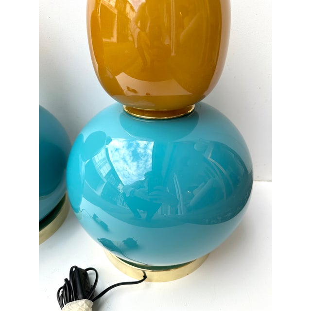 Contemporary Pair of Brass and Colored Bulb Murano Glass Lamps, Italy For Sale - Image 11 of 12