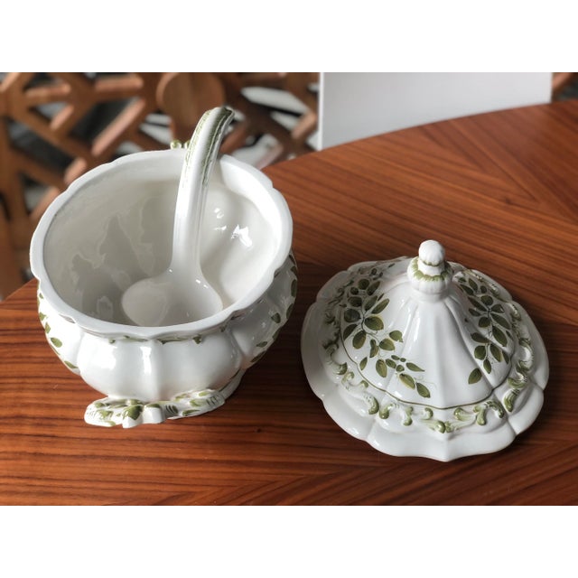 Ceramic Vintage Italian Green & White Porcelain Botanical Lidded Soup Tureen With Ladle-Signed For Sale - Image 7 of 12