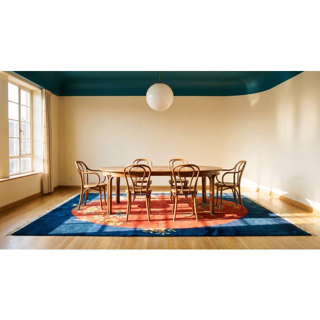 Luxurious and Rich Red and Blue Color Antique 1920s Minimalist Floral Pattern Chinese Art Deco Carpet For Sale - Image 10 of 12