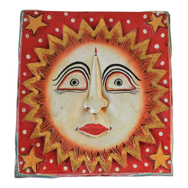 Vintage Handcrafted Painted Wooden Sun Face Wall Hanging For Sale