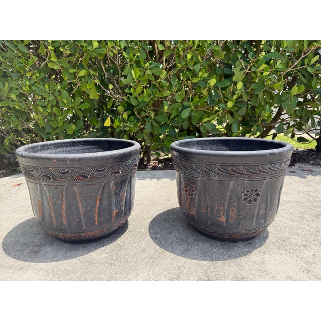Black Vintage Mexican Blackwashed Terracotta Planters – Pair For Sale - Image 8 of 11