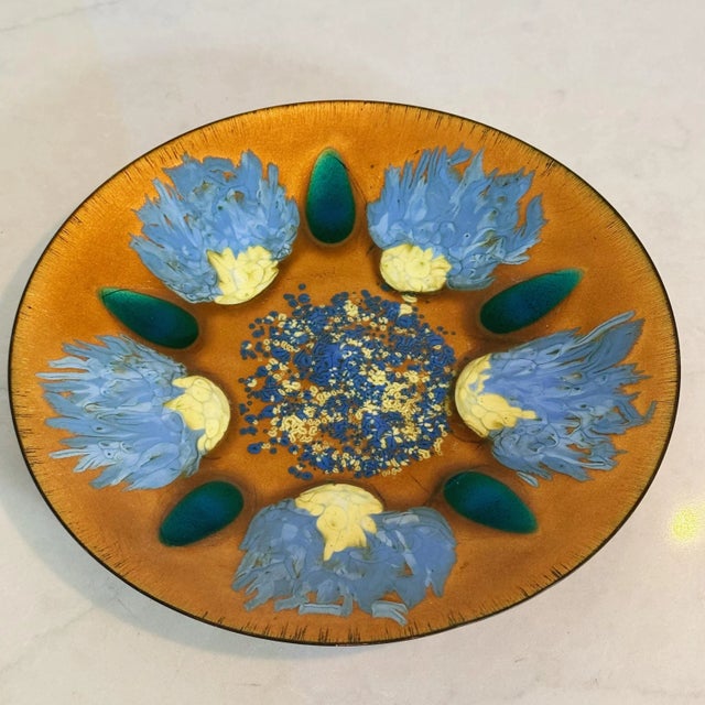 Mid Century Original Edwards Star Enamel Plate Dish in Blue, Turquoise Yellow and Copper Measures approx: 9.5D x 1H Please...