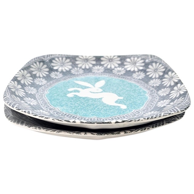 Vintage Kotobuki Japan Rabbit Square Plates, Set of 2, 8.75" For Sale - Image 4 of 12