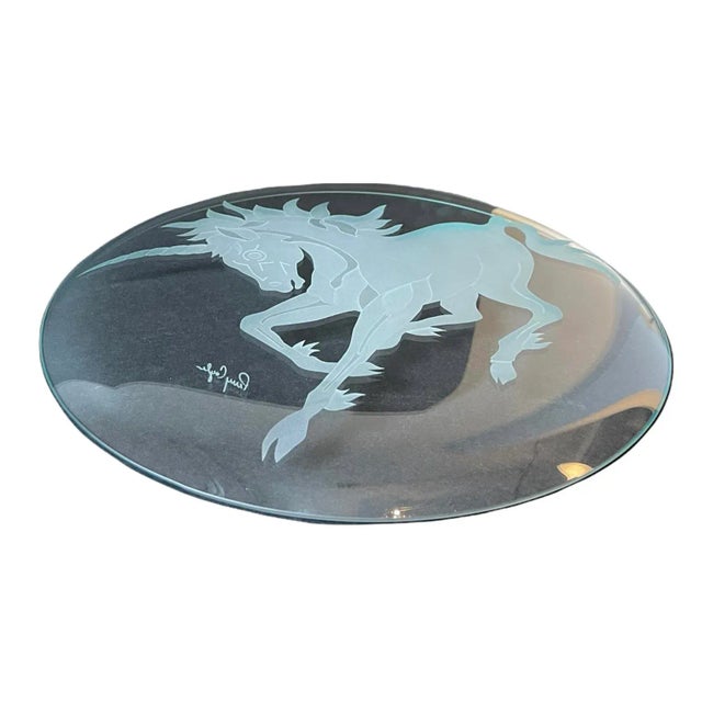 Late 20th Century Large Decotive Art Glass Unicorn Plate Singed Perry Coyle For Sale - Image 5 of 8