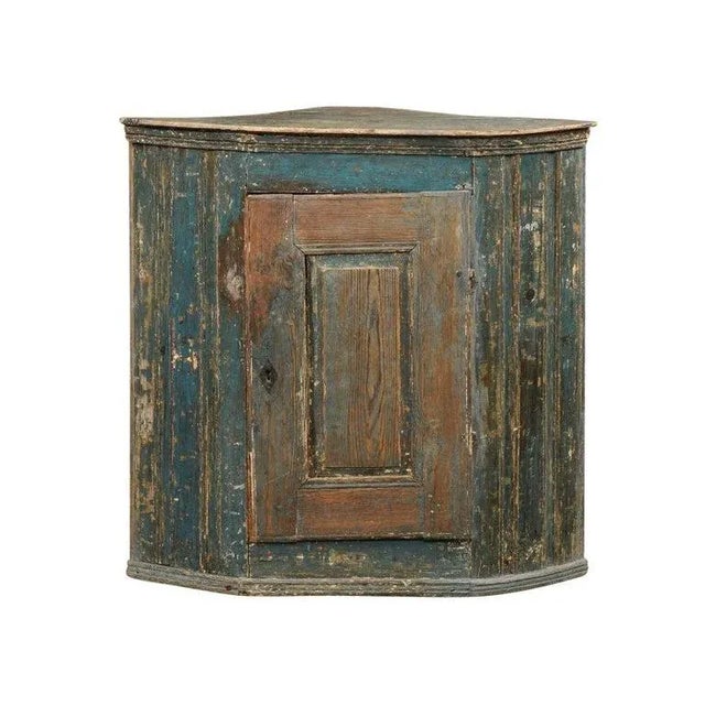 Gustavian (Swedish) 1790s Swedish Gustavian Period Blue Painted Wall Hanging Corner Cabinet For Sale - Image 3 of 12