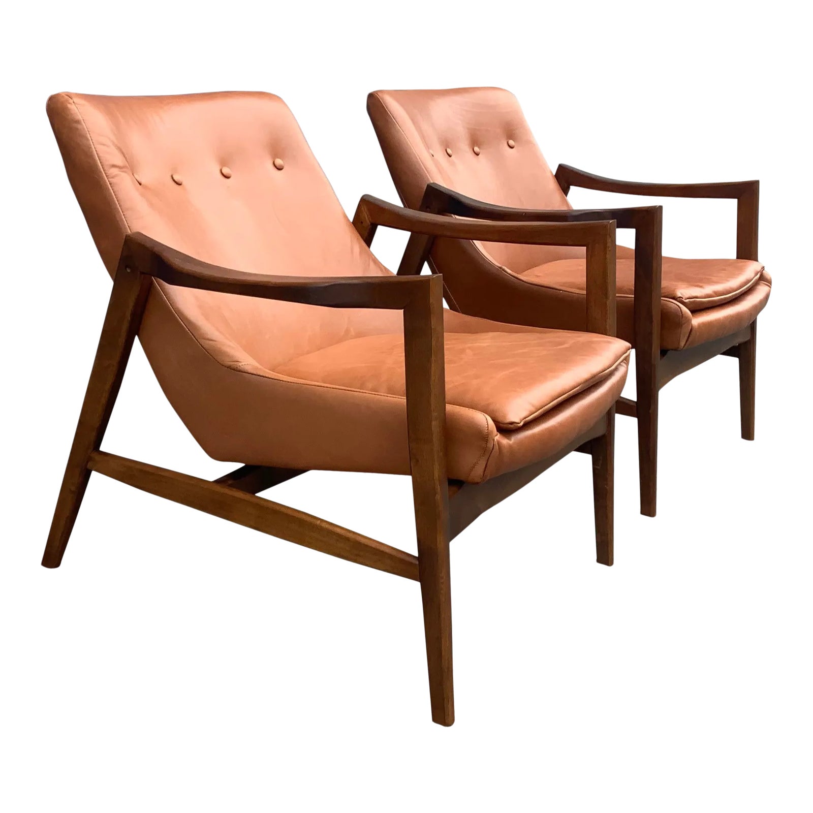 Modern Medellin Leather Mid-Century Style Lounge Chairs - a Pair | Chairish