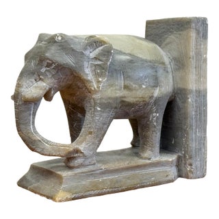 Vintage Hand Carved Stone Elephant Bookend For Sale