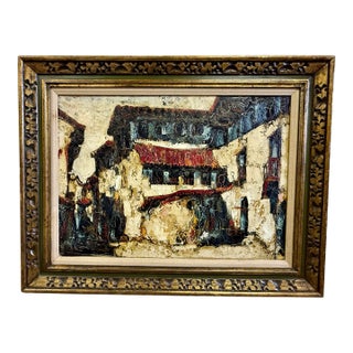 Mid-Century Impasto Oil Painting, Expressionist Village Street Scene, Signed Lopez For Sale