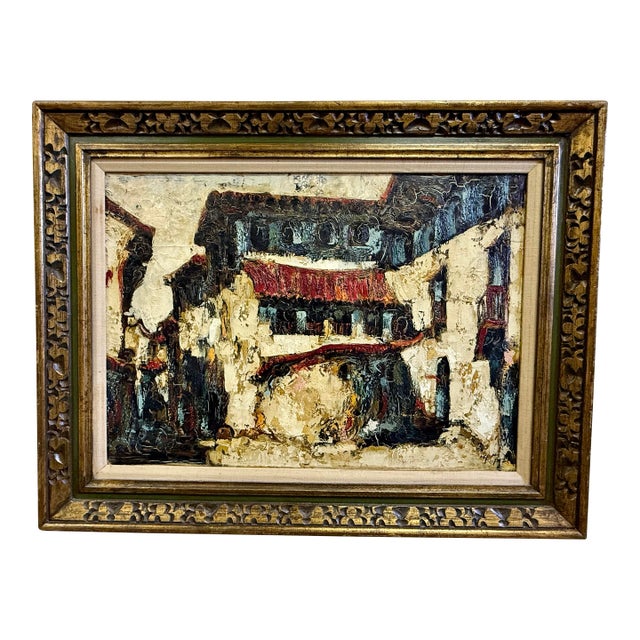 Mid-Century Impasto Oil Painting, Expressionist Village Street Scene, Signed Lopez For Sale