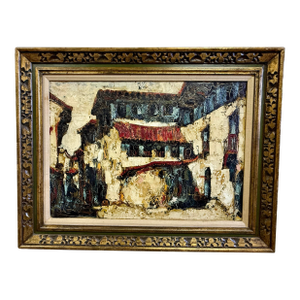 Vintage Outsider Art Impasto Oil Painting of Expressionist Village Street Scene Signed