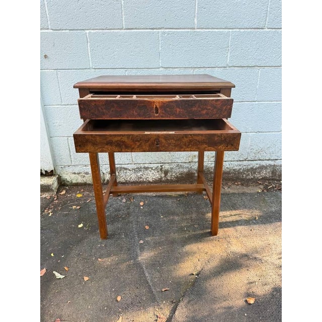 Antique Victorian Style Burled Wood Spool Table It features burl wood drawer fronts and keyholes., small compartments,...