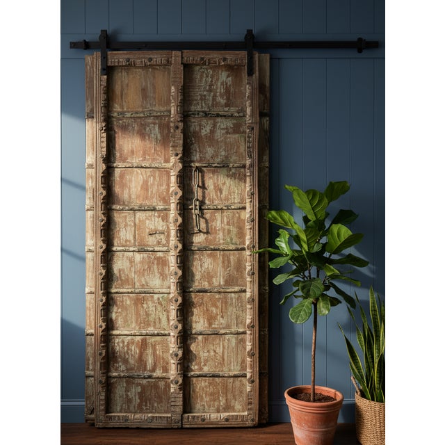 Antique Teak Wood Carved Door – Rustic Farmhouse Garden Entry Door 84 For Sale - Image 10 of 10