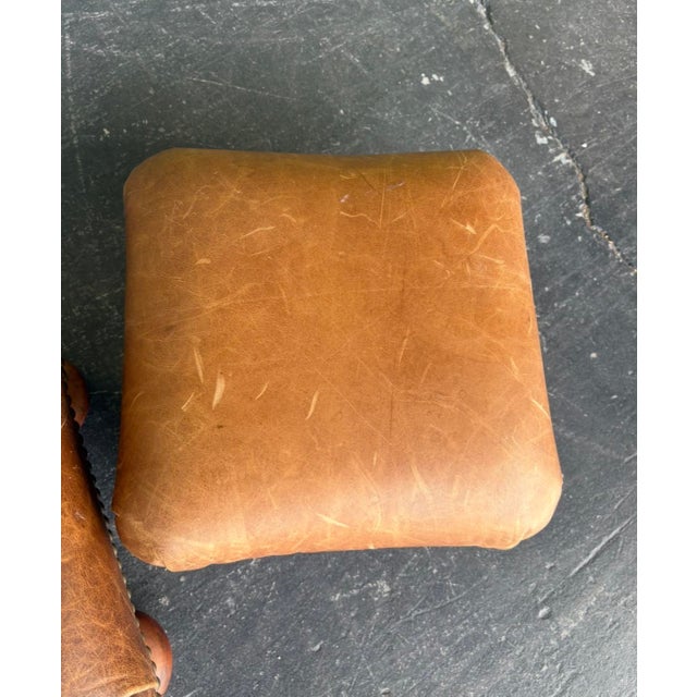 Mid 20th Century Petite Patinated Leather Footstool Pair For Sale - Image 5 of 8