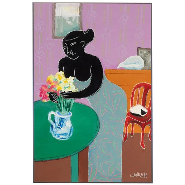 Liang Yifeng, Chinese Taiwanese Modernist Oil Painting Liang Yifeng Woman in Blue Interior For Sale