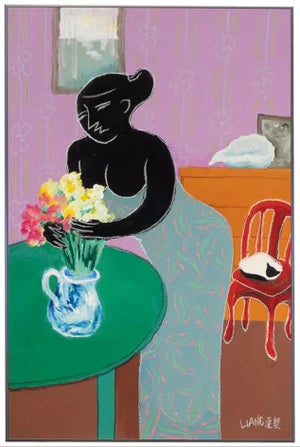 Liang Yifeng, Chinese Taiwanese Modernist Oil Painting Liang Yifeng Woman in Blue Interior