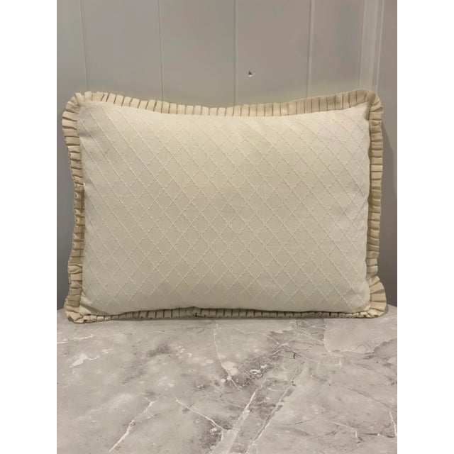 Vintage Cream Colored Diamond Pique Rectangle Bolster Pillow With Trim For Sale - Image 9 of 9